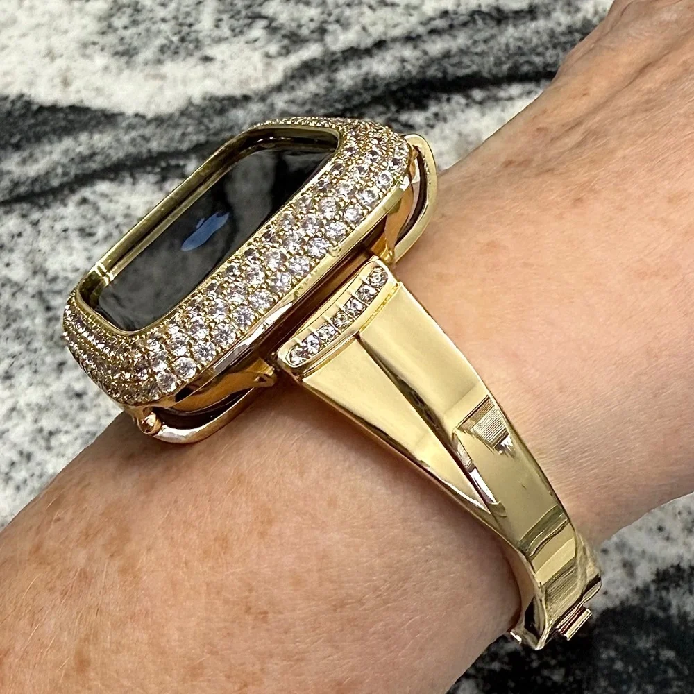 2 pc Apple Watch set yellow gold lab diamond case and crystal band classy bling